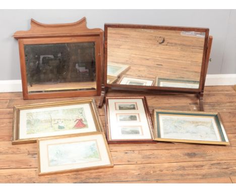 Three framed acrylic painting signed E.M.F along with framed etchings and two vintage mirrors.