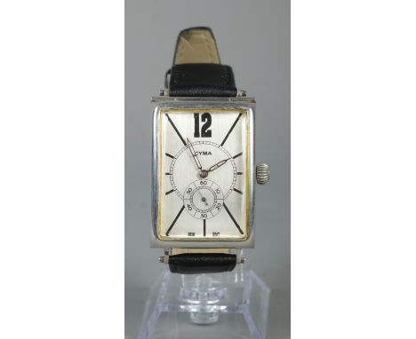 A gents silver Cyma manual wristwatch. Having subsidiary seconds. The cased stamped 925.  Working order.