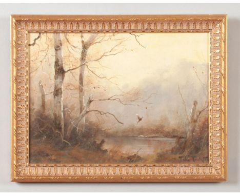 John Trickett (born 1953), a small gilt frame oil on panel, river scene with a pheasant in flight. 19cm x 26cm.  