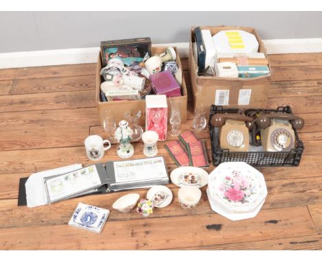 Three boxes of miscellaneous to include Poole pottery, Purbeck, two Rotary Phones, glassware, cabinet plates, etc.  