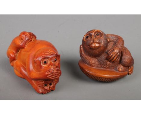 Two Japanese carved Netsuke. Includes three wise monkeys example, etc.  