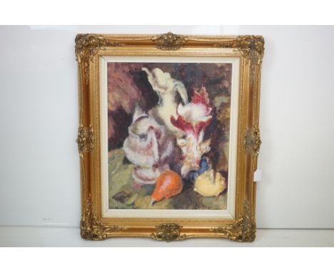 A pierced gilt framed mid century oil on board still life of fruit and ceramic ware, signed and dated, 55cm x 44cm 