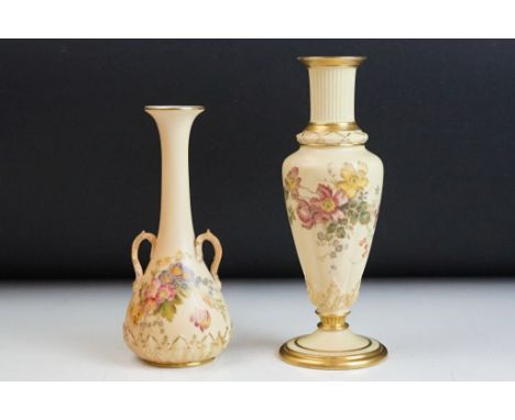 Two late 19th Century Royal Worcester ivory blush vases. The lot to include a twin handled example with a flared neck and tub