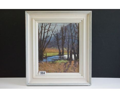 John Webster R.S MA 1932-2020 studio framed oil on board of a peaceful countryside river scene, titled “Spring Light” signed,