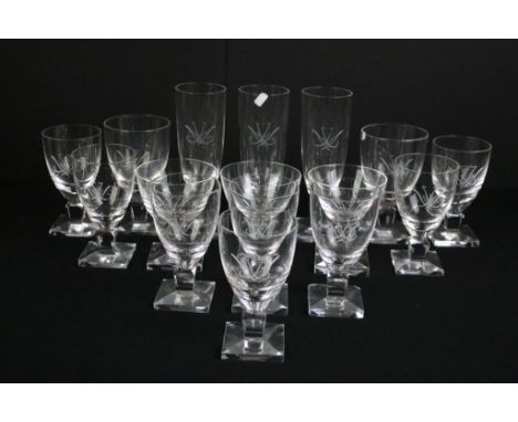 Orrefors of Sweden signed Nils Lanberg glasses, 4 sorbet/ sundae dishes, 11 champagne flutes, 4 wine’s &amp; 2 large wine/ wa