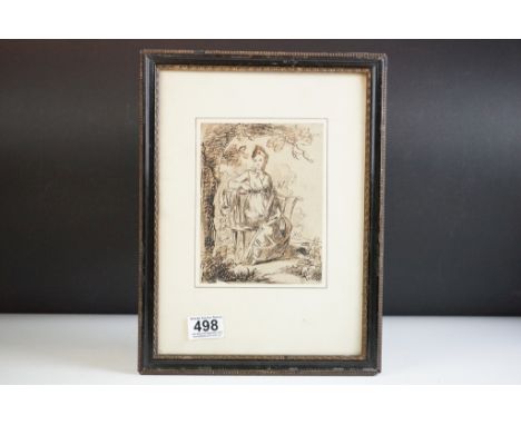 18th century Hogarth framed pen and ink portrait of a lady seated in woodland, 17cm x 13cm 