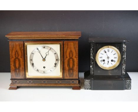 Early-to-mid 20th century Elliot mahogany cased mantle clock, with cream dial &amp; silvered chapter ring (33cm wide); plus a