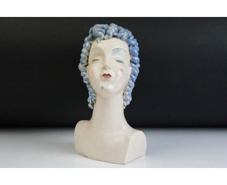 Art Deco ceramic Goldscheider style Bust in the form of a stylised lady with blue curled hair. Signed H Rahmer. Measures 27cm