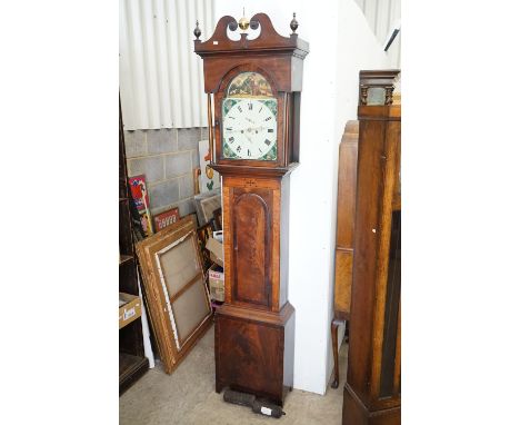 19th century Mahogany Inlaid 8 day Longcase Clock, the hood with broken swan neck pediment and brass finial, the arched paint