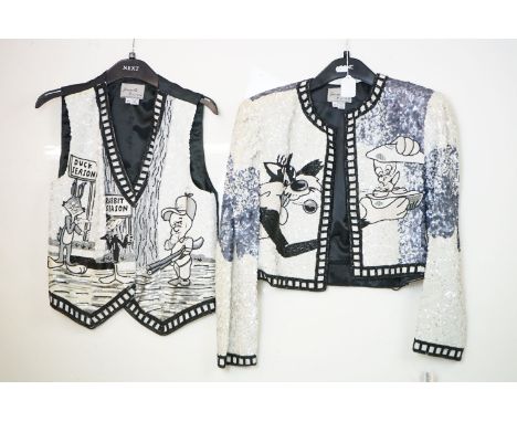 Vintage 1990s Jeanette Kastenberg, a rare Platinum Editions Looney Tunes sequin jacket and matching waist coat, sequined thro