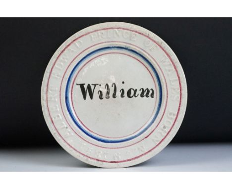 19th Century Victorian ceramic plate having moulded rim reading ' Albert Edward Prince of Wales Born Nov 9 1841 ', hand paint