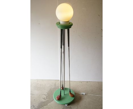 Golf themed Standard Lamp with opaque globular shade supported by three golf clubs, 142cm high 