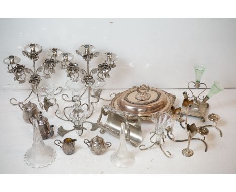 Mixed metalware to include a WMF silver plated bachelor's tea set, two silver plated epergne, a pair of floral three-branch m