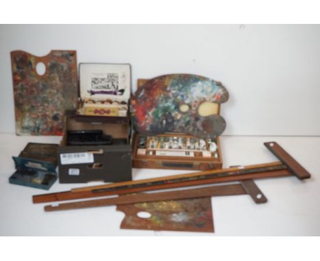 Group of artists equipment to include a paint box (42cm wide, containing palette & oil paints), 7 x wooden paint palettes (fe