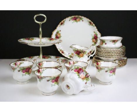 Royal Albert Old Country Roses tea service to include two tier cake stand, six teacups and saucers, six side plates, creamer 