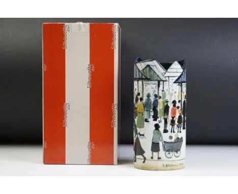 Beswick Silhouette d'art L S Lowry ceramic vase having printed copy of market scene to the sides. In original box. Measures 2