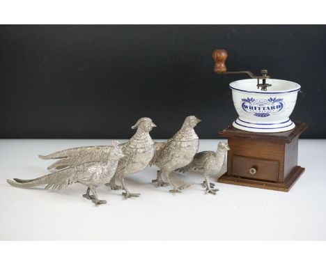 Four silver plated figures of pheasants including cock and hen (tallest approx 12.5cm), together with a Whittard Of Chelsea c