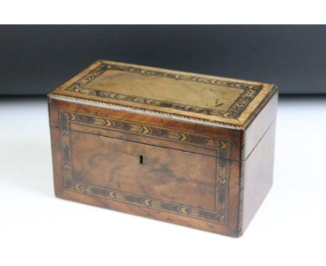 Victorian Tunbridge Ware walnut tea caddy with inlaid banding decoration, the lid opening to two compartments with covers. Me