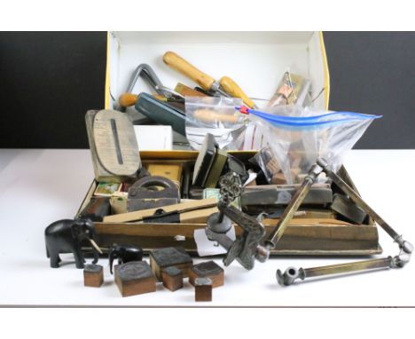 A group of mixed collectables to include an antique padlock, printing blocks, desk clock, harmonica, tools, coins....etc. 