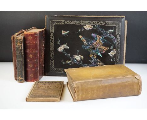 Early 20th Century Japanese lacquer covered photo album having an abalone shell inlaid bird to the front cover, together with
