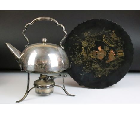 Black lacquered papier mache footed dish with gilt Chinoiserie decoration and shaped rim (approx 29cm diameter), together wit