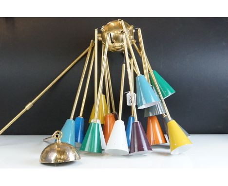Brass &amp; enamel atomic multi-branch ceiling light, the shades varying in colour, with fitting 