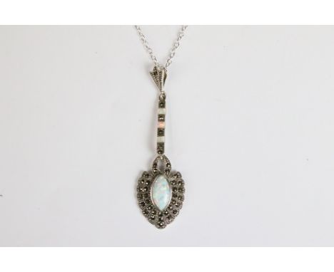 A silver and marcasite necklace set with opal panel 