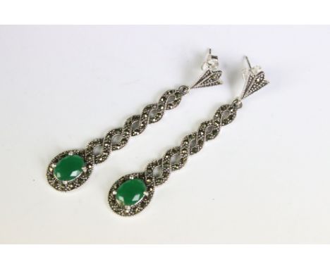 A pair of silver and marcasite drop earrings with jade panels 