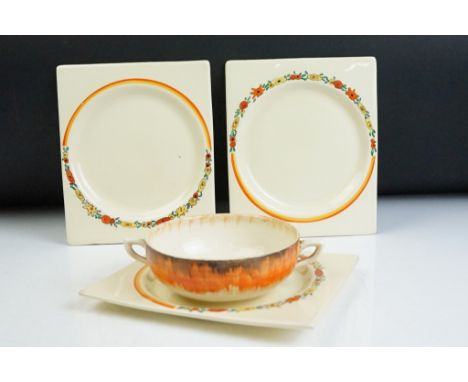 Clarice Cliff - A Clarice Cliff for Wilkinson Pottery with brown and orange brush stroke rim (16cm wide), together with three