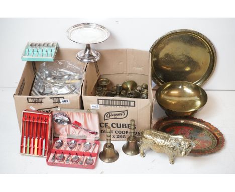 Vintage metal wares to include a selection of silverplated table wares and a selection of brass to include Indian platters, p