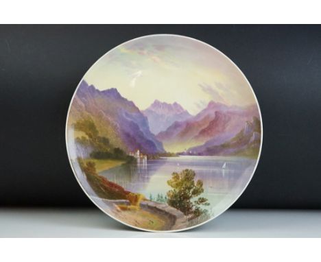 19th century Minton Cabinet Plate, hand painted by Minton ceramic artist James Edwin Dean depicting the lake of Geneva with p