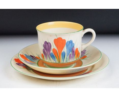 Collection of assorted Clarice Cliff ceramics to include a crocus pattern trio and twin handled bowl (marked Clarice Cliff Wi