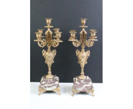 Pair of gilt metal &amp; marble five-light candelabra, the branches in the form of scrolling acanthus leaves, above supports 