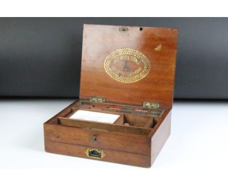 Reeves &amp; Sons - 19th Century mahogany artists watercolour set, with paints &amp; ceramic mixing palette to interior, Reev