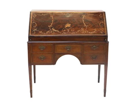 A 19th Century Mahogany, Tulipwood-Banded and Marquetry-Inlaid Bureau, possibly Irish, the fall front enclosing a fitted inte