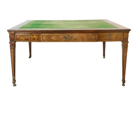 A 19th Century Dutch Mahogany and Marquetry-Inlaid Writing Table, with green velvet inset writing surface flanked by a border