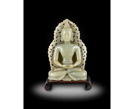 ~ A Chinese Pale Celadon Jade Figure of Buddha, Qing Dynasty, 18th/19th century, in meditation with legs in dhyanasana and ha