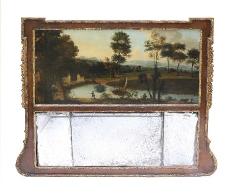 A George III Carved Giltwood and Walnut Trumeau Overmantel Mirror, incorporating an oil on canvas of figures by a river and a