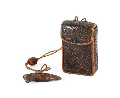 ~ A Japanese Carved Boxwood Inro, Meiji, in the form of a leather pouch with foliate decoration8.5cm highwith similar netsuke