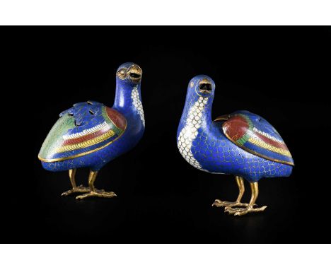 ~ A Pair of Chinese Cloisonné Enamel Incense Burners, Qing Dynasty, late 18th/19th century, each modelled as standing quail w