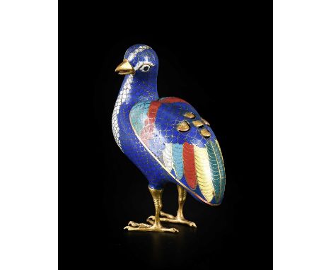 ~ A Chinese Cloisonné Enamel Incense Burner and Cover, Qing Dynasty, late 18th/19th century, modelled as a quail, the blue pl