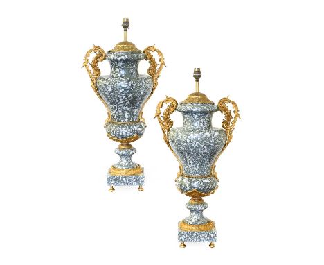 A Pair of Gilt-Metal-Mounted Green and White Variegated Marble Lamp Bases, in Louis XV style, of baluster form with fruiting 