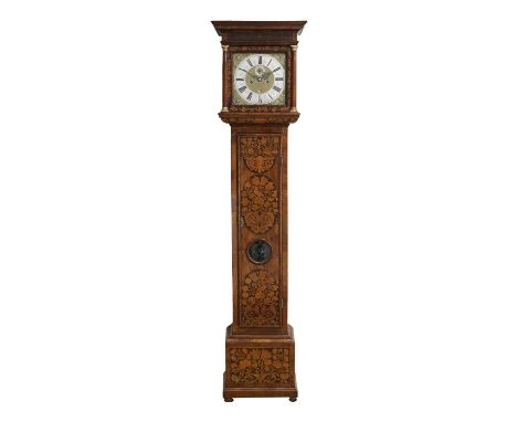 A Walnut Marquetry Eight Day Longcase Clock, signed Fab Robin, Londini, Fecit, circa 1700, flat top pediment, glazed side pan