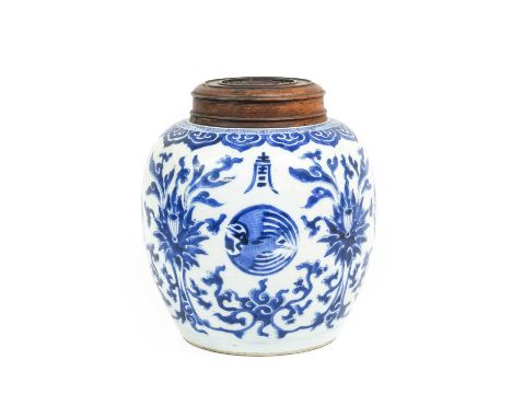 A Chinese Porcelain Ginger Jar, Kangxi, of ovoid form, painted in underglaze blue with lotus sprays, crane roundels and chara