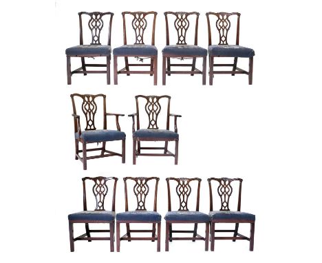 A Set of Ten (8+2) George III Carved Mahogany Chippendale-Style Dining Chairs, late 18th century, recovered in modern close-n