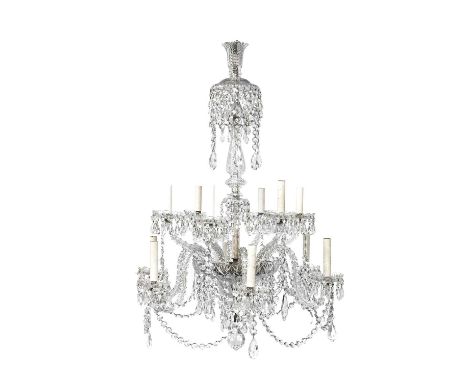 ~ An Early Victorian Cut-Glass Twelve-Light Chandelier, attributed to Perry & Co, mid 19th century, the moulded baluster stem