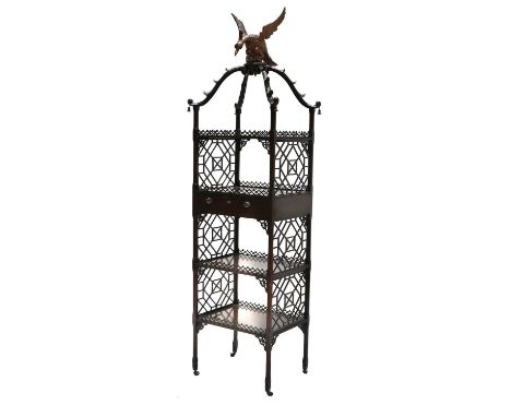 ~ A Chippendale-Style Carved Mahogany and Fretwork Four-Tier Whatnot, 19th century, with square chamfered supports surmounted