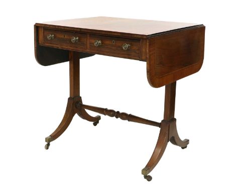 A Regency Rosewood, Satinwood-Crossbanded and Boxwood-Strung Sofa Table, early 19th century, with two sham and two real mahog