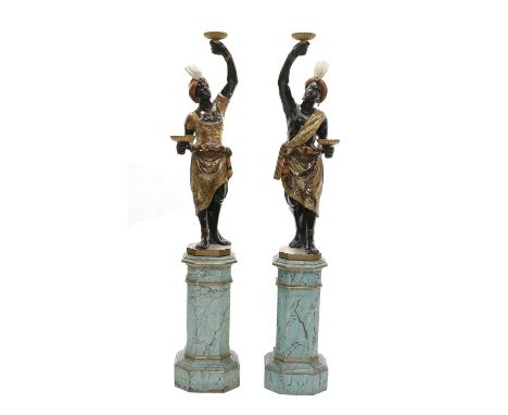 ~ A Pair of Late 19th Century Venetian Carved Wood Gilt Lacquered and Polychrome Blackamoor Figures, in elaborately-decorated