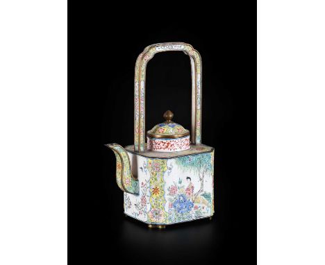 ~ A Canton Enamel Wine Pot and Cover, Qing Dynasty, probably Qianlong, of rectangular form with overhead handle and re-entran